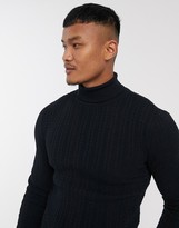 Thumbnail for your product : ASOS DESIGN muscle fit lightweight cable roll neck jumper in dark navy
