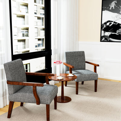 Fabric Accent Arm Chair (2 Chairs & Table), Grey Color, Hardwood Frame For Living Room, Office Soft Of 2 With Desk -