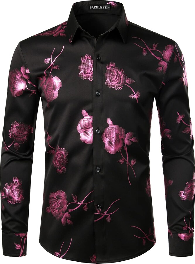 PARKLEES Men's Shiny Gold 3D Rose Print Slim Fit Button Down Dress ...