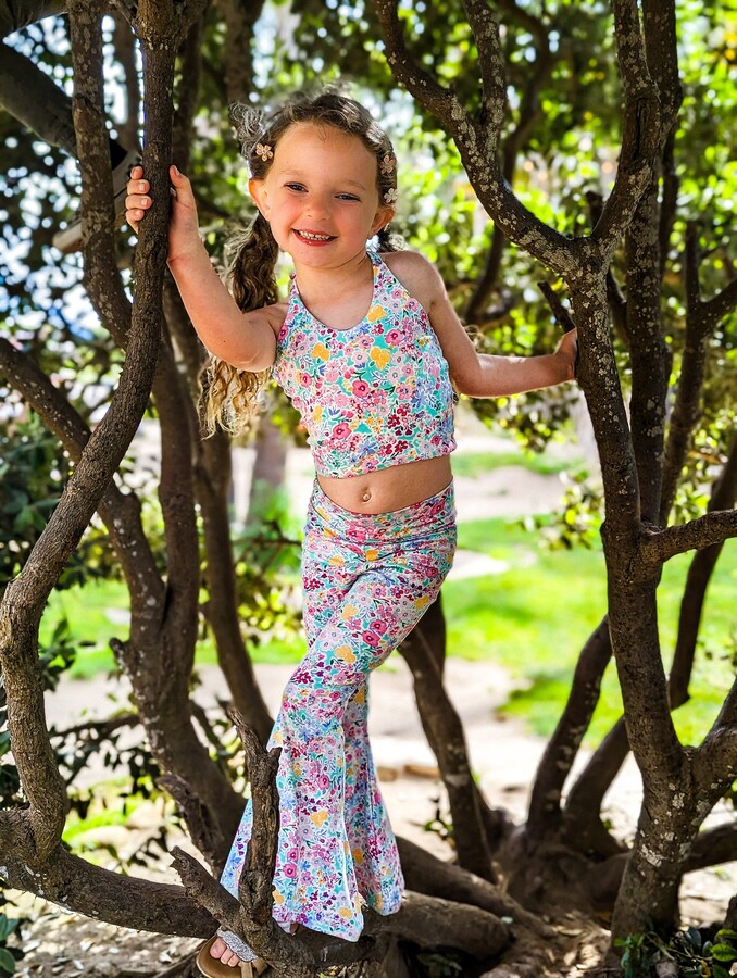 New Girls Pastel Flower Halter & Bell Bottom Set, Set, Halter Crop Top, Bottoms, Toddler Boho Girls Clothing Sets