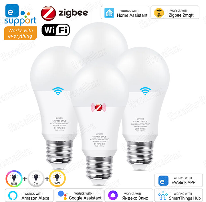 Excellux Ewelink ZigBee/WiFi E27 Led Bulb Smart Led Lamp RGB+CW+WW 15W Led Light Bulbs Work With Amazon Alexa Google Home Assistant Alice