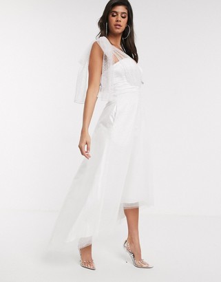Bariano bow one shoulder full skirt maxi dress in white silver ombre