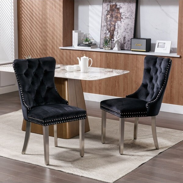 OkakModernComfyDiningChairsSetof2TuftedVelvetUpholsteryKitchenChairswithChromeStainlessMetalLegs&NailheadTrimBlack