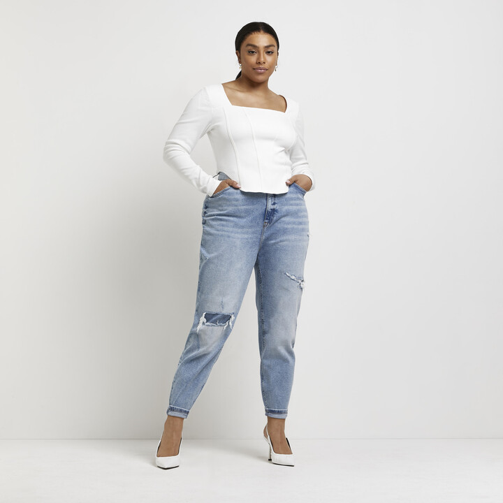 kind society River Island Womens Plus Blue Ripped Mid Rise Mom