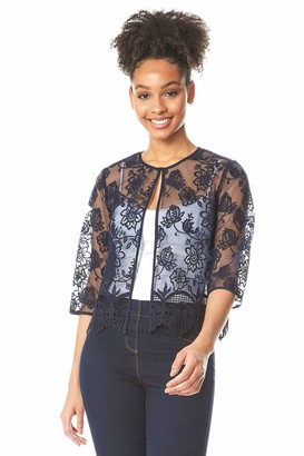 Roman Originals Women Short Floral Embroidered Jacket - Ladies Spring  Summer Smart Evening Special Occasion Lace Detail Edge to Edge 3/4 Sleeve  Cover Up Light Bolero Shrug - Navy - Size 12 - ShopStyle