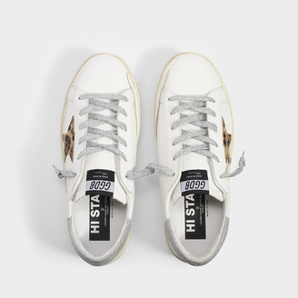 Golden Goose High Star Sneakers In White Leather, Lurex Detail And Leopard Star