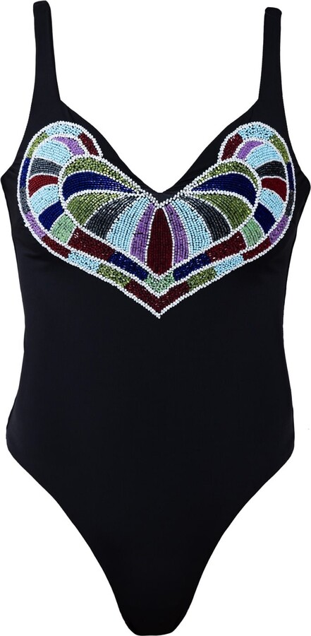 Self-Adore Black / Blue Amor Hand-Beaded Embellished One-Piece Swimsuit- Black