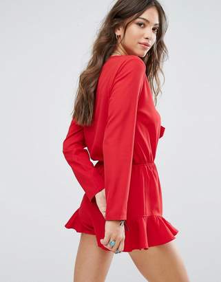 Glamorous Tie Front Romper With Ruffle Trims In Print