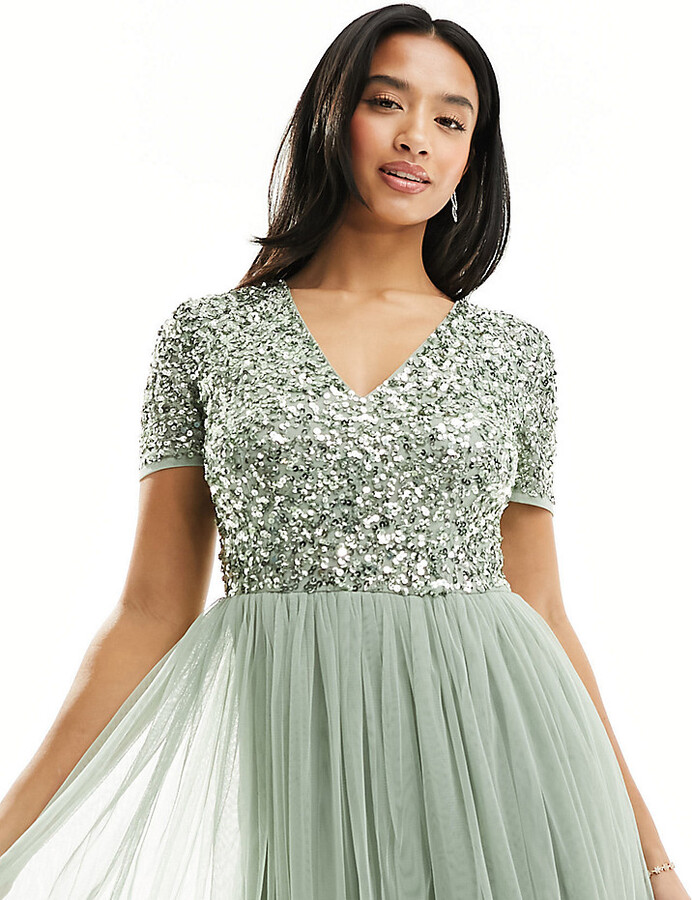 Maya Petite Bridesmaid short sleeve maxi tulle dress with tonal delicate  sequins in sage green - ShopStyle