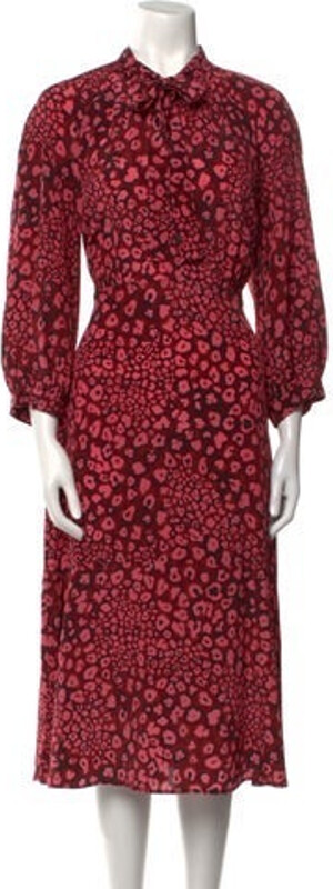 Cefinn Silk Shirtdress Red Animal Print Pleated Accents Three-Quarter Sleeve with Mock Neck Button Closure at Front