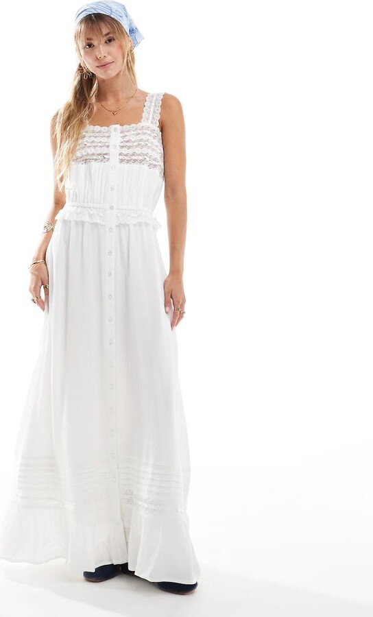 Miss Selfridge crinkle lace insert strappy maxi dress in cream