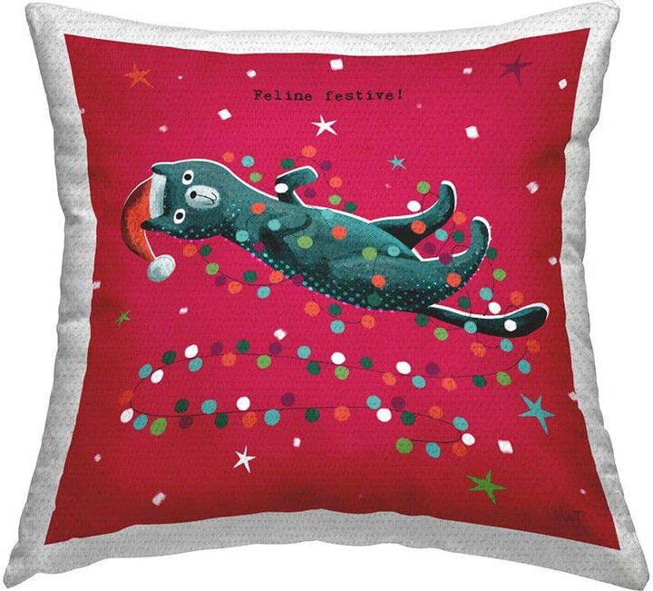 Feline Festive Christmas Cat Red Square Outdoor Throw Pillow