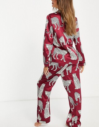 Chelsea Peers premium satin revere top and trouser pyjama set in wine  leopard print - ShopStyle