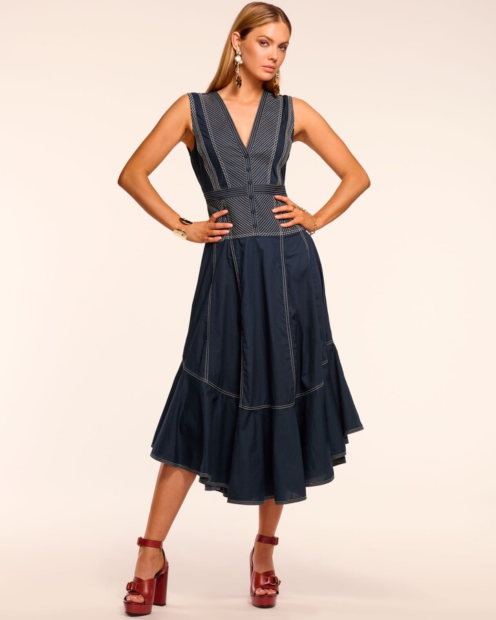Ramy Brook Grega Cotton Poplin V-Neck Midi Dress