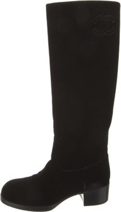 Chanel Velvet Knee-High Riding Boots From the Pre-Fall 2021 Collection by Virginie Viard Black Interlocking CC Logo Semi-Pointed Toes