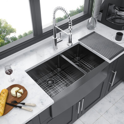 Wenty Gunmetal Black Double Bowl (60/40) Farmhouse Sink- 36\