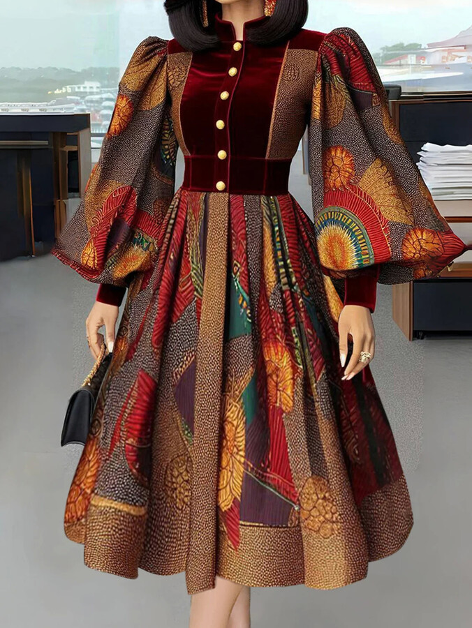 QINGSHUJI Women Ethnic Printed Pleated A-Line Dress Party Club Evening Elegant Velvet Patchwork Puff Sleeve High Waist Button Casual Dress