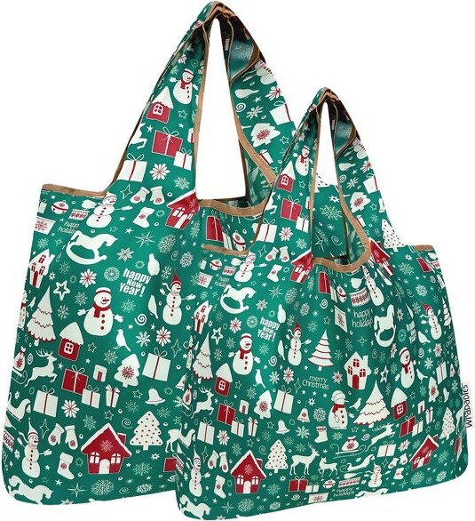 Wrapables Large & Small Foldable Nylon Reusable Shopping Bags (Set of 2), Festive Holiday
