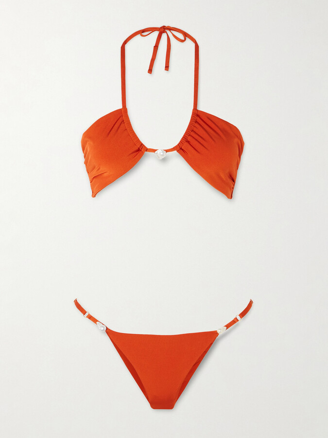 Sara Cristina Bahia Pearl-embellished Stretch-econyl® Halterneck Bikini - Orange