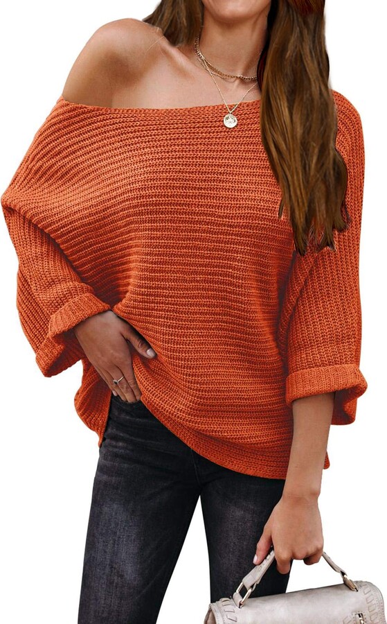 KIRUNDO Womens Off Shoulder Sweaters Batwing 3/4 Sleeves Casual Loose Fit Solid Pullovers Knit Jumper 
