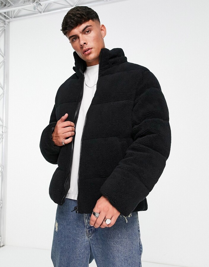 ASOS DESIGN borg puffer jacket with removable hood in black - ShopStyle