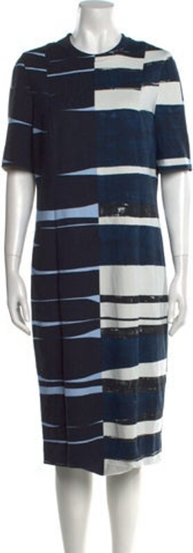 Akris Punto Striped Midi Length Dress Akris Punto Shirtdress Blue Striped Short Sleeve with Crew Neck Concealed Zip Closure at Back Designer