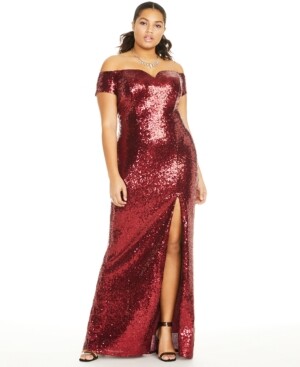 B. Darlin Trendy Plus Size Off-The-Shoulder Sequined Gown, Created for Macy's