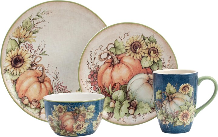 Certified International Autumn Breeze 16-Piece Ceramic Dinnerware Set, Service for 4 – Celebrate fall gatherings with sunflowers, pumpkins, and rich harvest hues, perfect for cozy dinners and festive autumn tablescapes