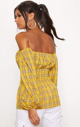 PrettyLittleThing Mustard Check Shirred Detail Long Sleeve Bardot Top