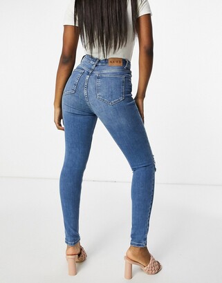 NA-KD cotton high waist ripped skinny jeans in mid blue - MBLUE