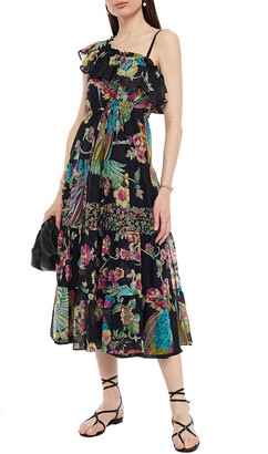 RED Valentino One-shoulder printed cotton and silk-blend voile midi dress