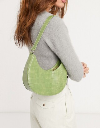 ASOS DESIGN curved shoulder bag in green croc with long strap