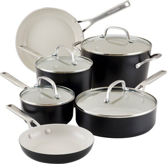 KitchenAid 10pc Hard Anodized Ceramic Nonstick Cookware Set Matte Black: Lifetime Warranty, Hand Wash, Gas Compatible