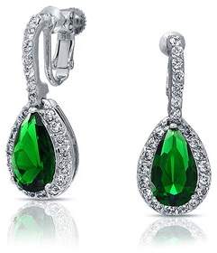 Bling Jewelry Simulated Emerald Cz Clip On Drop Earrings Pear Shaped Halo Rhodium Plated Brass 1.25 Inch