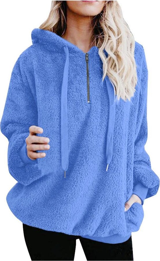 Toamen Women Hoodie Coat Casual Long Sleeve Warm-up Jumpers Fluffy Faux Fur  Pocket Fleece Hooded Sweatshirt Tops Outwear - ShopStyle