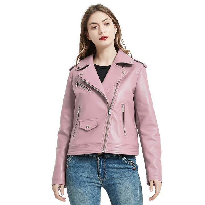 YUNY Womens Vogue Leather Coat Jacket Moto Faux-Leather Coat Jacket Pink S 