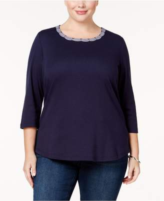 Karen Scott Plus Size Cotton Braided-Trim Top, Created for Macy's