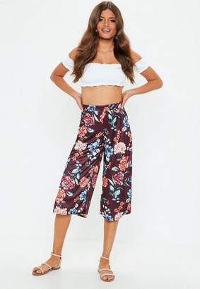 Missguided Purple Floral Cropped Culotte Trousers, Burgundy