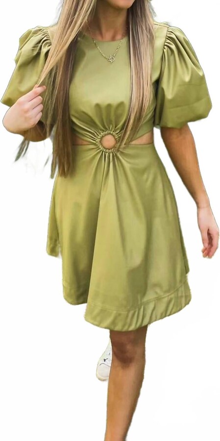 Aureum Puff Sleeve Mini Dress In Olive Green