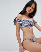 Thumbnail for your product : ASOS Design DESIGN Gingham Print Shirred Lace Up Tanga Bikini Bottom