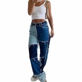 Thumbnail for your product : YILEEGOO Women Mid Rise Jeans Straight Denim Pants Color Block Patchwork Frayed Boyfriend Jeans (Brown XL)