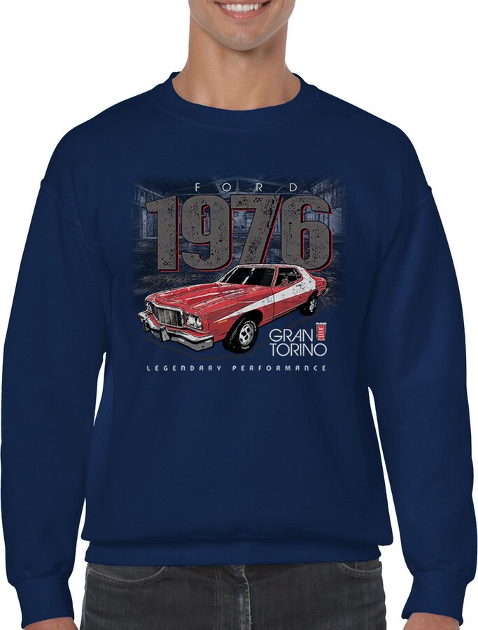 Tee Hunt 1976 Ford Gran Torino Crewneck Sweatshirt for Men Officially Licensed Classic American Muscle Navy Blue Medium