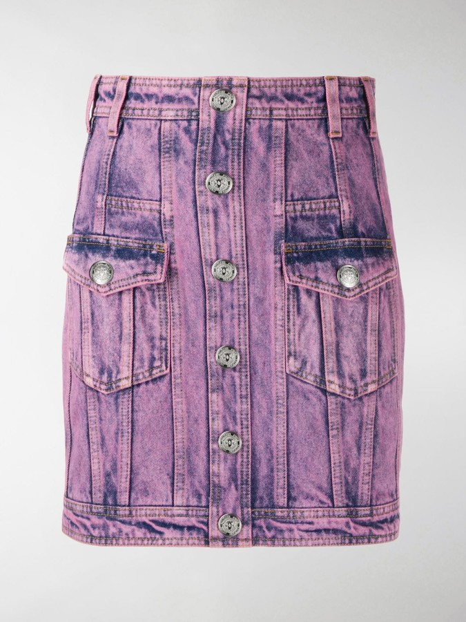 pink acid wash denim skirt