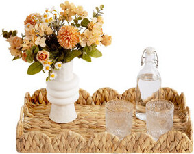 StorageWorks Scalloped Tray, Wicker Rattan Serving Tray with Handles, Woven Rectangle Seagrass Tray, Scalloped Basket Table Décor Trays, Rattan Basket