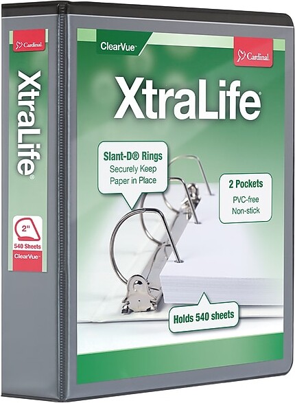 Cardinal XtraLife ClearVue Heavy Duty 2" 3-Ring Non-View Binders, D-Ring, Black (26321)