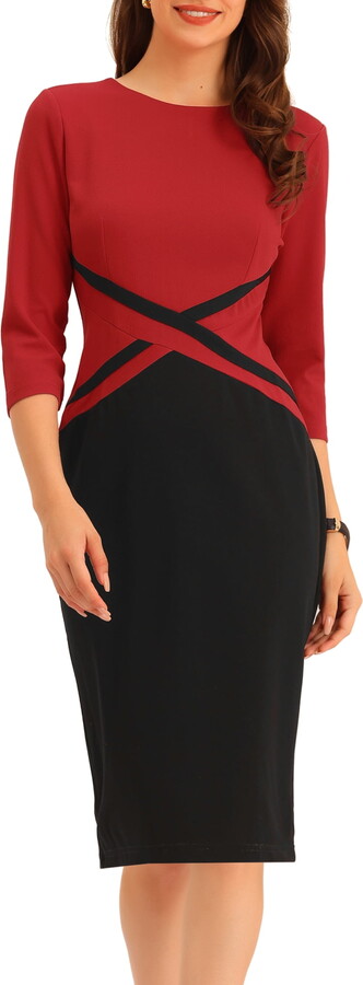 Unique Bargains Women’s Contrast Color 3/4 Sleeve Office Pencil Dresses M Red