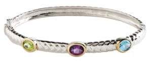 Fine Jewellery Sterling Silver 14K Yellow Gold And Multi Coloured Gemstone Bangle