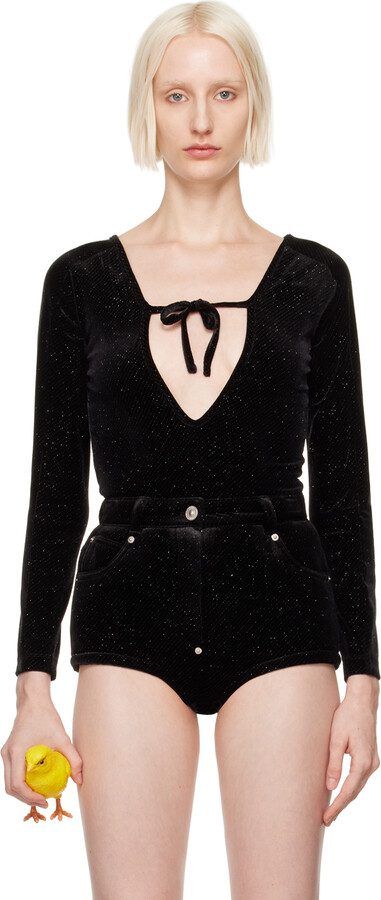 Pushbutton Black Front Self Tie Bodysuit