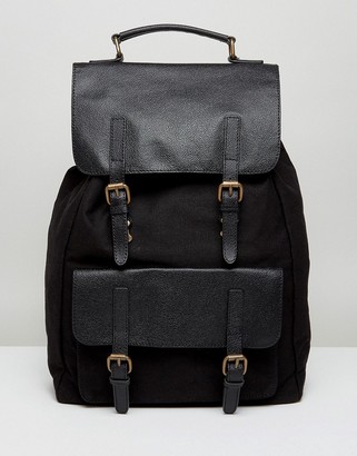 ASOS Backpack In Black Canvas With Leather Trims