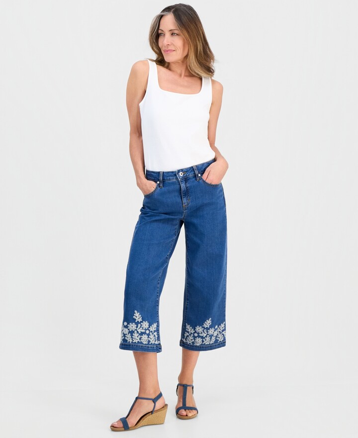 Style&Co. Style & Co Petite High-Rise Embroidered Wide-Leg Jeans, Macy's Exclusive